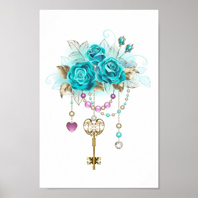 Affiche Roses turquoise avec touches (Devant)