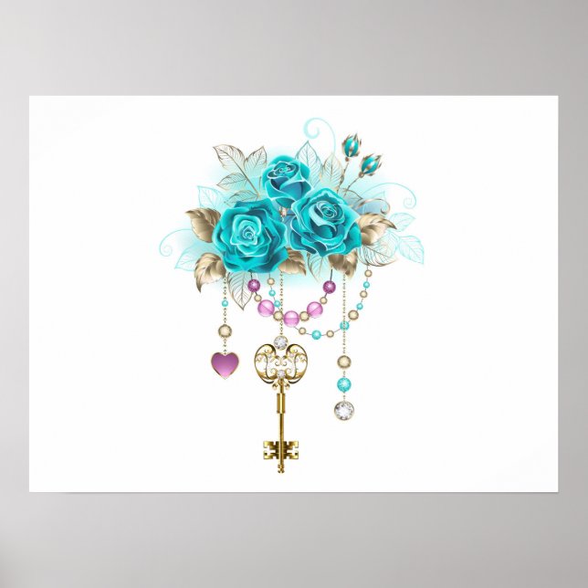 Affiche Roses turquoise avec touches (Devant)