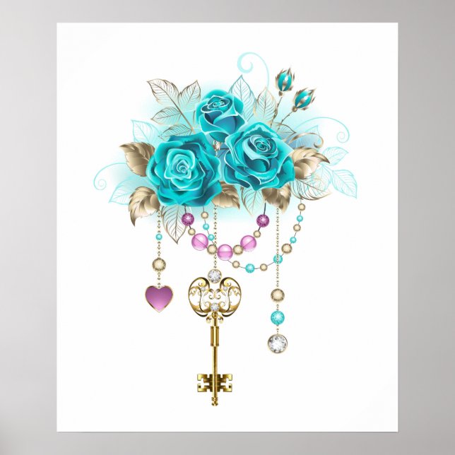 Affiche Roses turquoise avec touches (Devant)