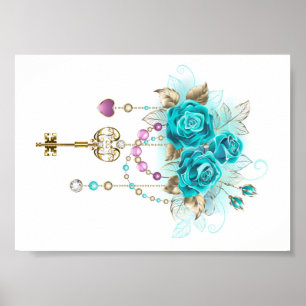 Affiche Roses turquoise avec touches