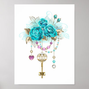 Affiche Roses turquoise avec touches