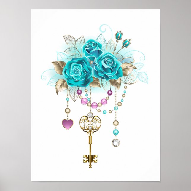 Affiche Roses turquoise avec touches (Devant)
