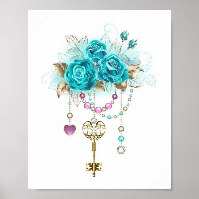 Affiche Roses turquoise avec touches (Devant)