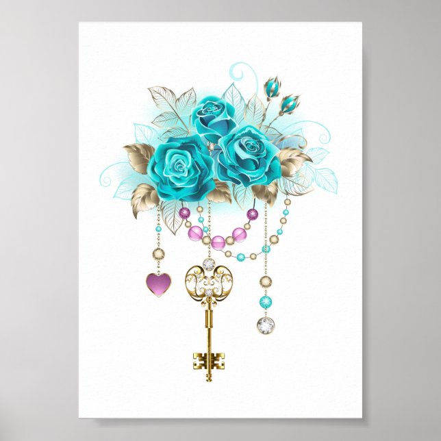 Affiche Roses turquoise avec touches (Devant)