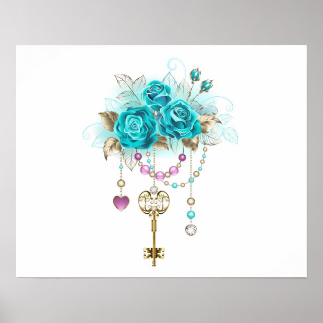 Affiche Roses turquoise avec touches (Devant)