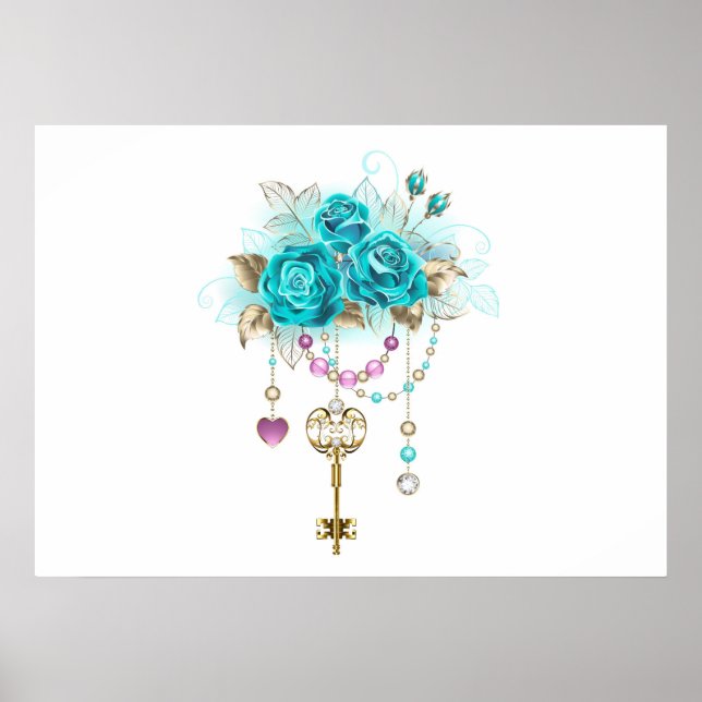 Affiche Roses turquoise avec touches (Devant)