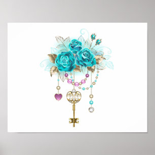 Affiche Roses turquoise avec touches