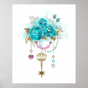 Affiche Roses turquoise avec touches