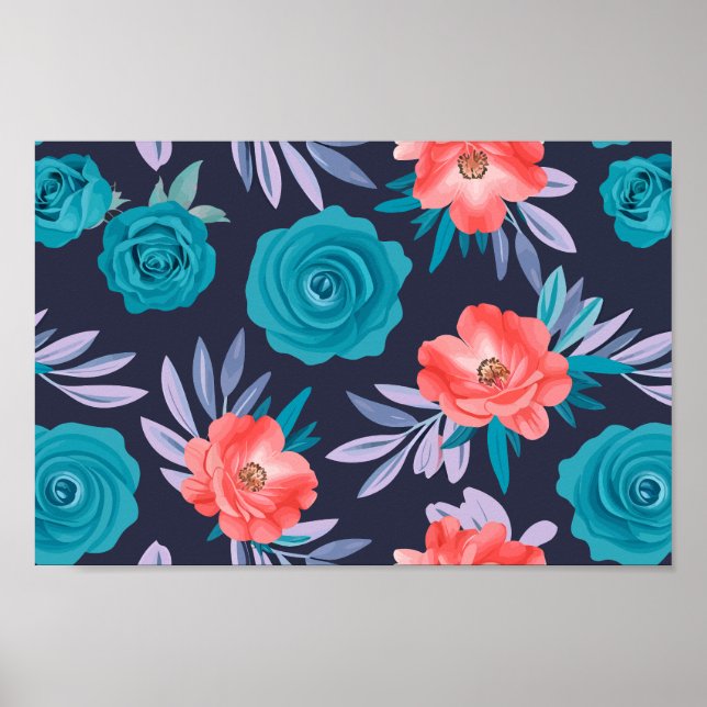 Affiche Roses turquoise & Fleurs de corail avec Feuilles p (Devant)