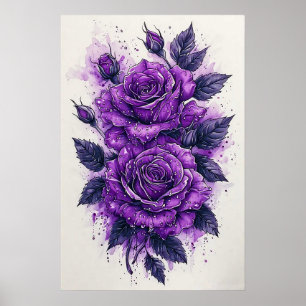 Affiche Roses violettes avec gouttelettes d'eau