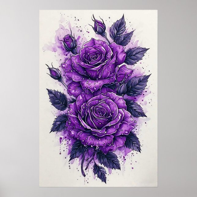 Affiche Roses violettes avec gouttelettes d'eau (Devant)
