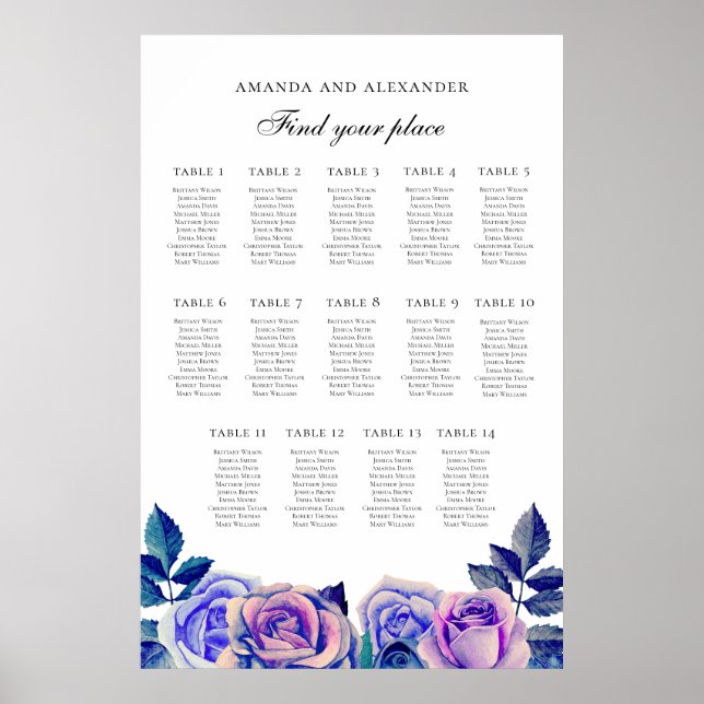 Affiche Roses violettes bleues. Plan de table de mariage 1 (Devant)