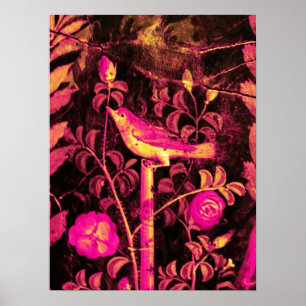 Affiche ROSSIGNOL AVEC ROSES, Fuchsia Rose Noir Jaune