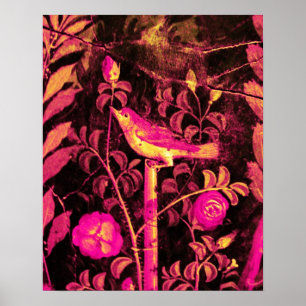 Affiche ROSSIGNOL AVEC ROSES, Rose Fuchsia Noir Jaune