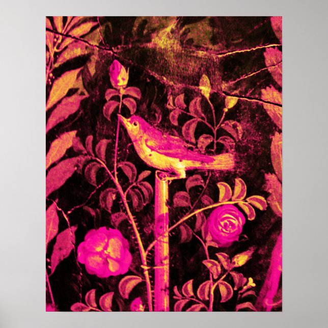 Affiche ROSSIGNOL AVEC ROSES, Rose Fuchsia Noir Jaune (Devant)