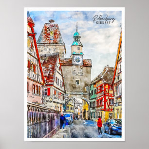 Affiche Rothenburg Allemagne aquarelle de voyage vintage