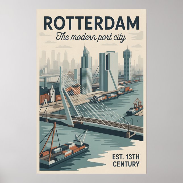 Affiche Rotterdam Pays-Bas Skyline Rétro Voyage (Devant)