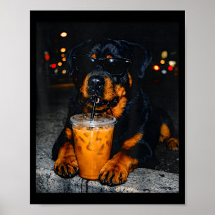 Affiche Rottweiler buvant du café glacé amateur d'humour d