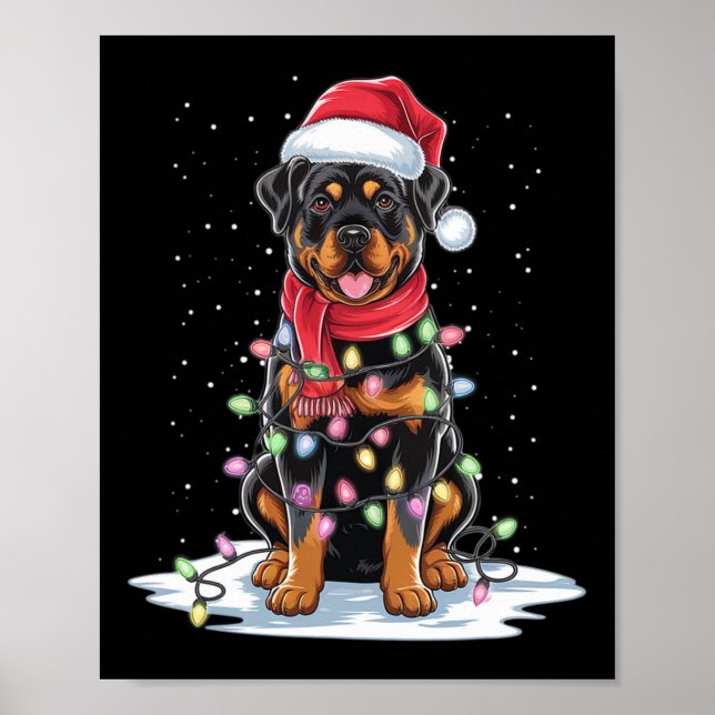 Affiche Rottweiler Chien Santa Chapeau Noël Arbre Lumière  (Devant)