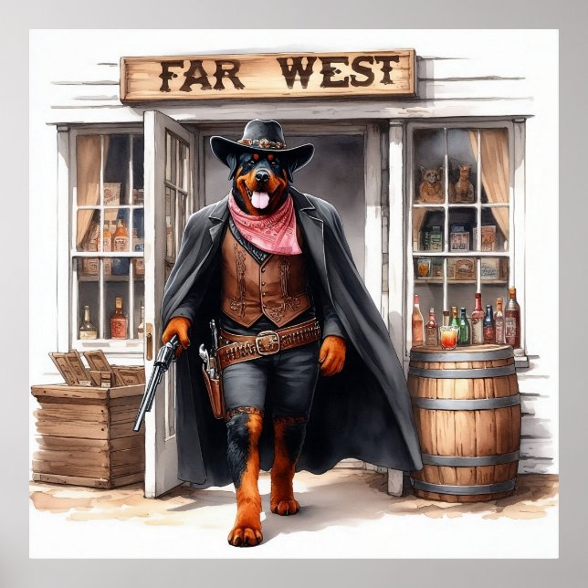 Affiche Rottweiler Sheriff dans le Far West Saloon aquarel (Devant)