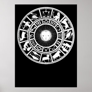 Affiche Roue du zodiaque avec le soleil et les symboles d'