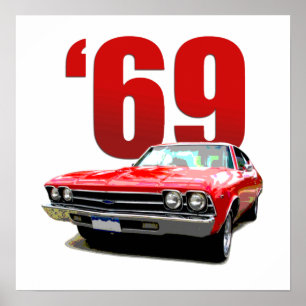 Affiche Rouge 1969 Chevelle coupé vue frontale.