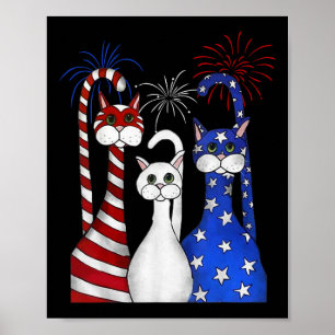 Affiche Rouge Blanc Bleu Chats Usa Drapeau Feu 4 juillet