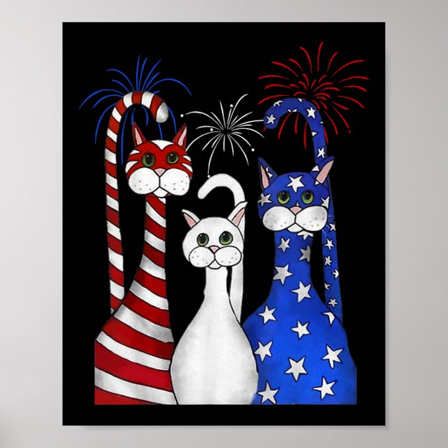 Affiche Rouge Blanc Bleu Chats Usa Drapeau Feu 4 juillet (Devant)
