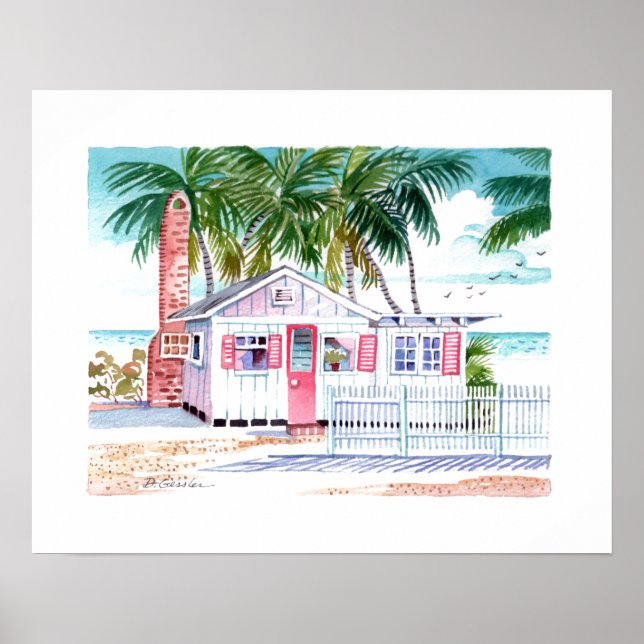 Affiche Rouge Blanc Charming Beach Cottage Aquarelle (Devant)