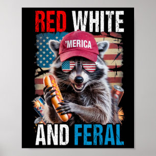 Affiche Rouge Blanc Et Feral Funky Raccoon Patriotique 4èm