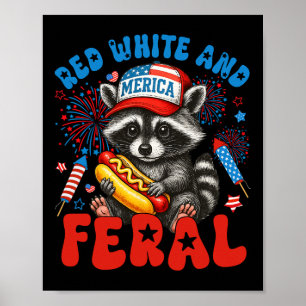Affiche Rouge Blanc Et Feral Funky Raccoon Usa 4 juillet