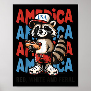 Affiche Rouge Blanc Et Féroce Raton Laveur Drôle 4 Juillet