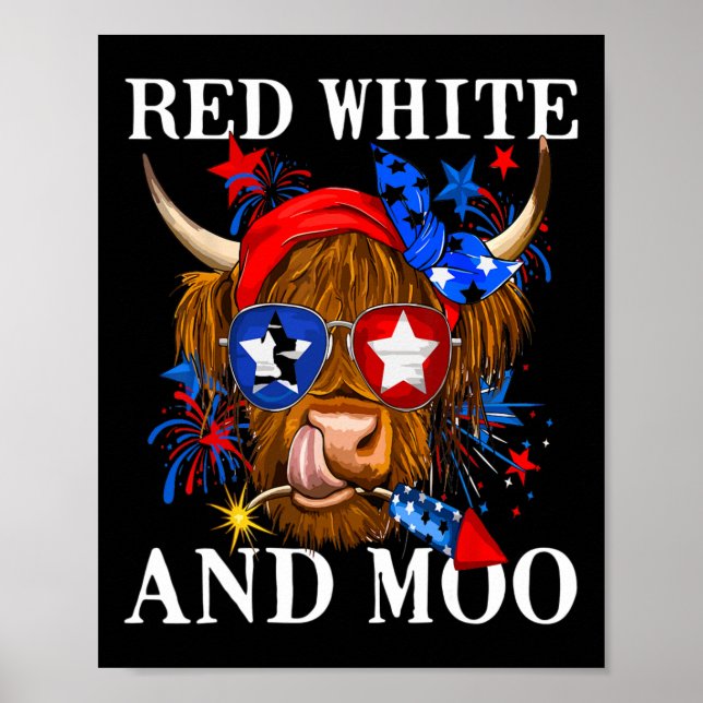Affiche Rouge Blanc Et Moo Patriotique Vache Usa Drapeau D (Devant)