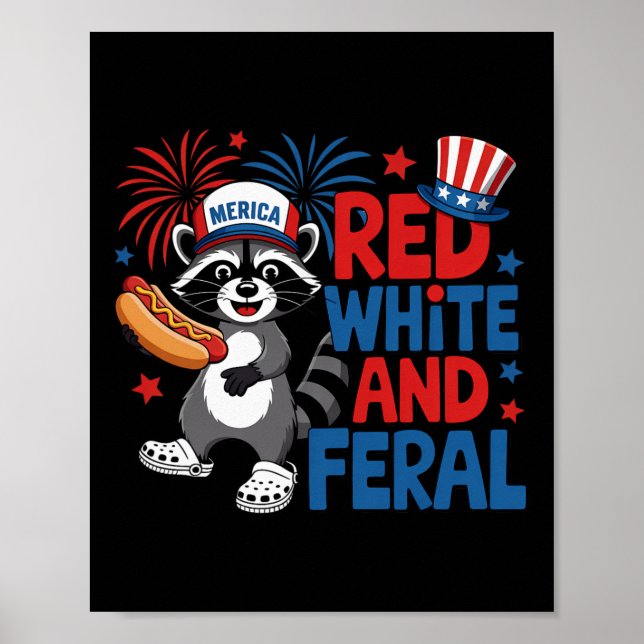Affiche Rouge Blanc Et Raton Laveur Sauvage Mignon Merica  (Devant)