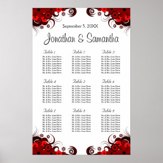 Affiche Rouge & Blanc Floral 9 Tables Mariages Cartes de s