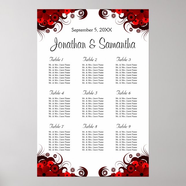 Affiche Rouge & Blanc Floral 9 Tables Mariages Cartes de s (Devant)