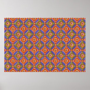 Affiche Rouge Bleu Rustique Motif Cercle Egypte Artistique