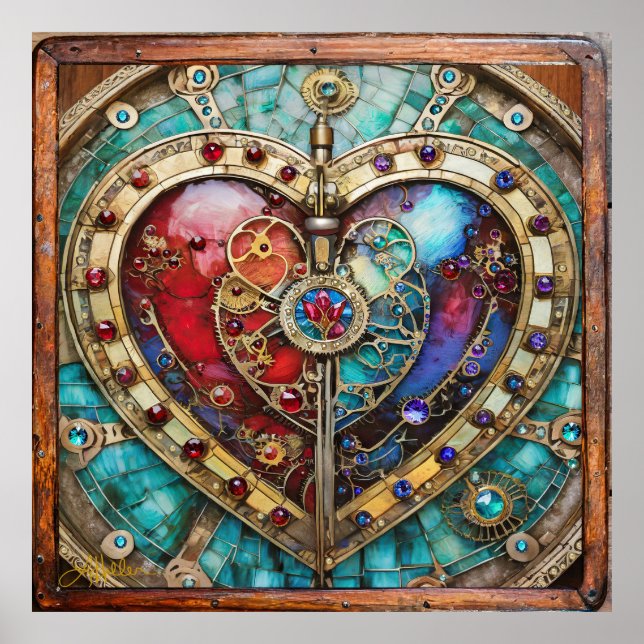 Affiche Rouge & Bleu Vitrail Heart Steampunk Series (Devant)