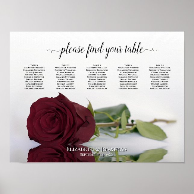 Affiche Rouge Bourgogne Rose 5 Table Mariage Carte de sièg (Devant)