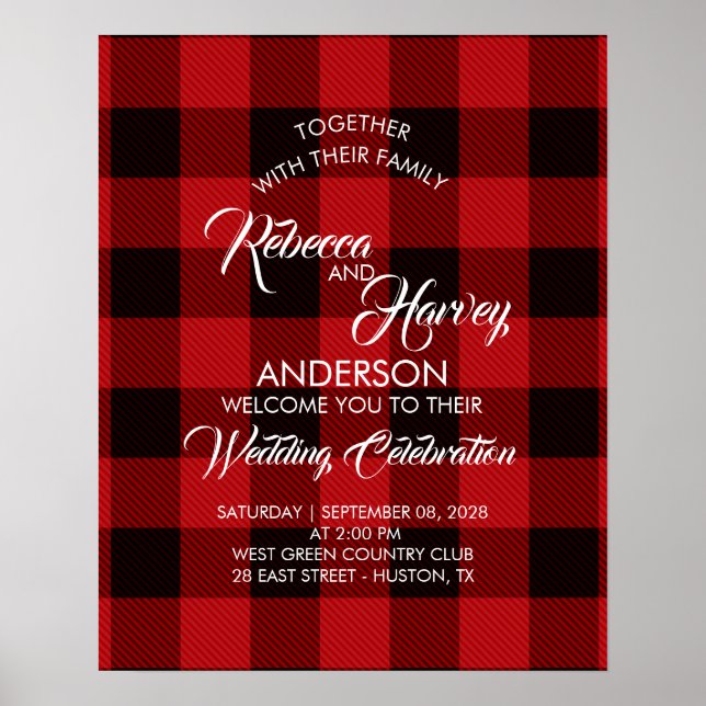 Affiche rouge buffle plaid rustique mariage d'hiver bienve (Devant)