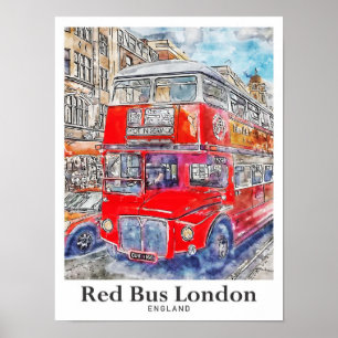Affiche Rouge Bus Londres Angleterre Aquarelle Art Tirée m