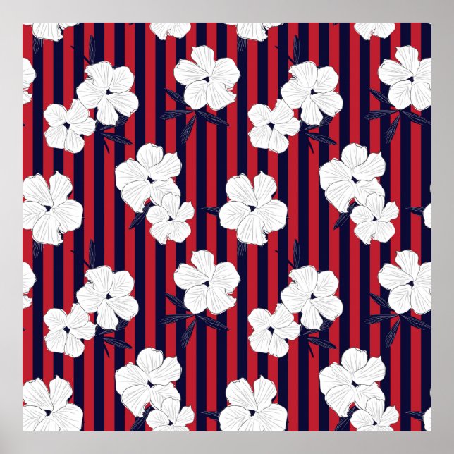 Affiche Rouge et bleu Floral botanique sans couture motif  (Devant)