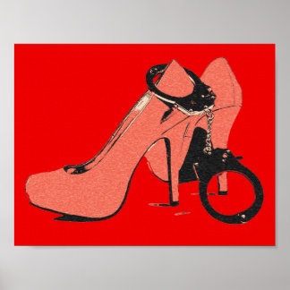 Affiche Rouge et kinky, talons et menottes, artisanat sexy
