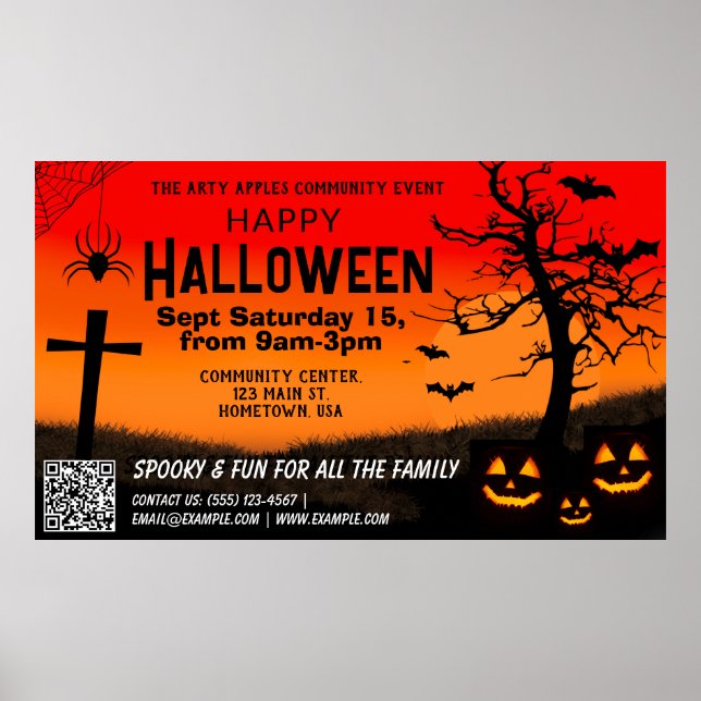 Affiche rouge et noir heureux Halloween bannière qr code (Devant)