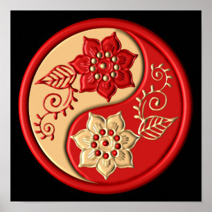 Affiche Rouge et Or Floral Yin Yang