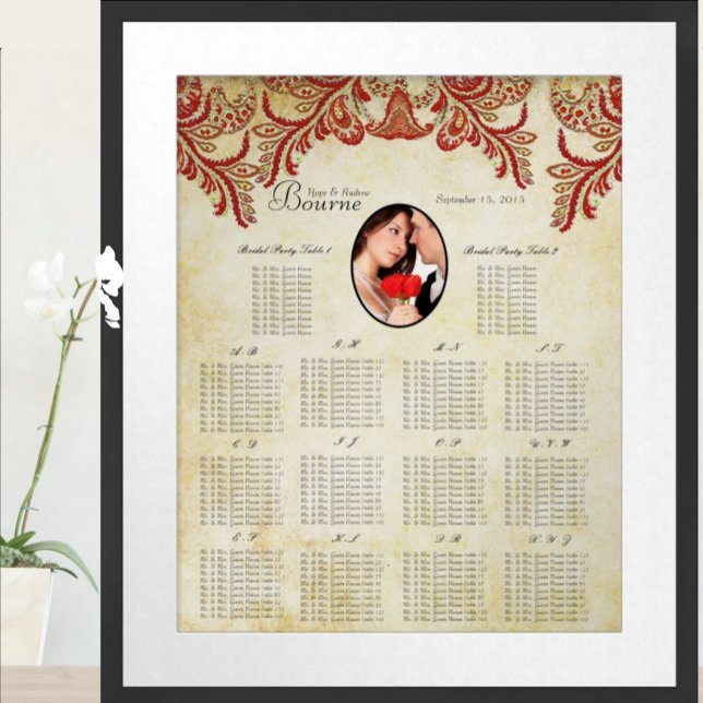 Affiche Rouge et Or Votre Photo Plan de Table de Mariage (To see frame and mat pricing,  please choose your options.)