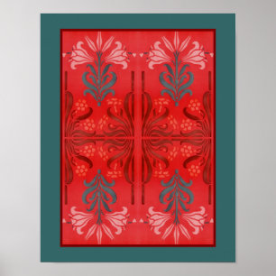 Affiche Rouge Et Vert Lily Floral Stencil Art Abstrait