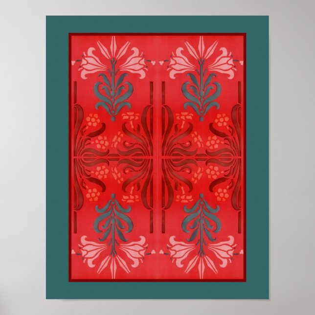 Affiche Rouge Et Vert Lily Floral Stencil Art Abstrait (Devant)