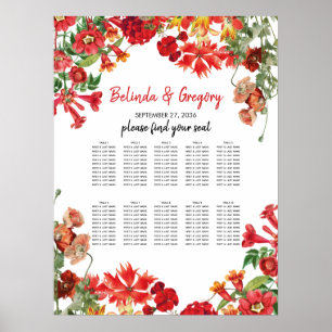 Affiche Rouge Floral Jardin Fleurs Mariage Carte de siège