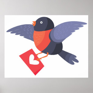 Affiche Rouge-Gorge Volant avec Lettre d'Amour au Cœur Rou